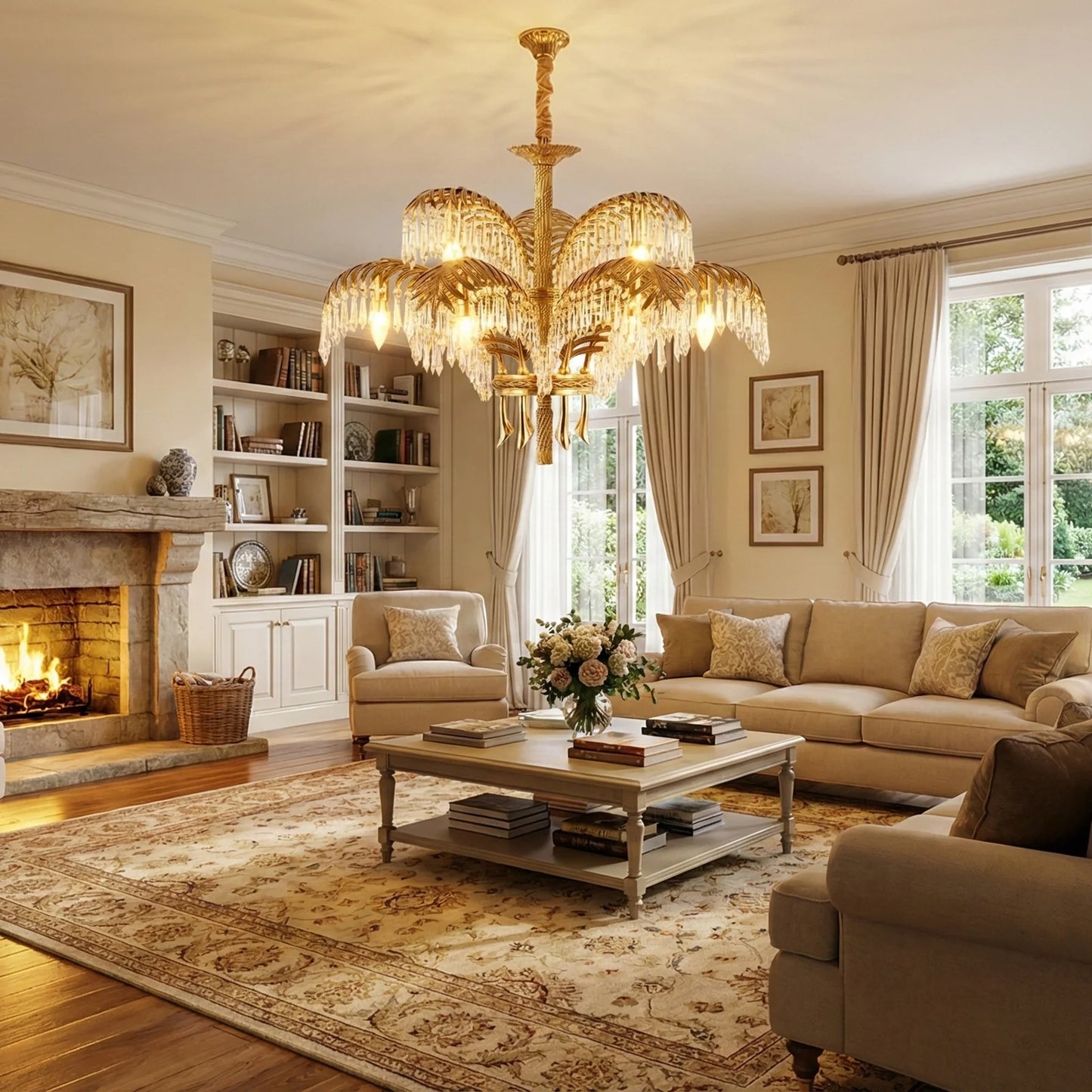 Brass Palm Leaf Crystal Chandelier