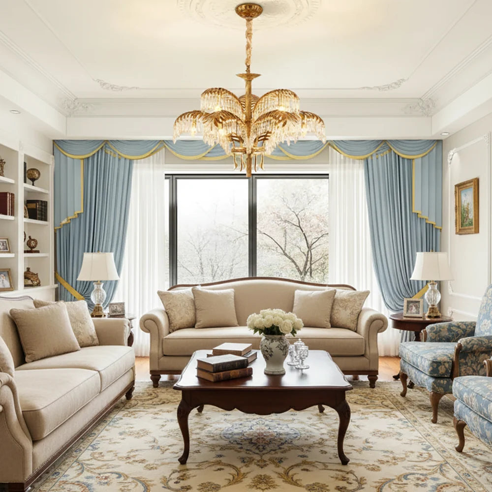 Brass Palm Leaf Crystal Chandelier
