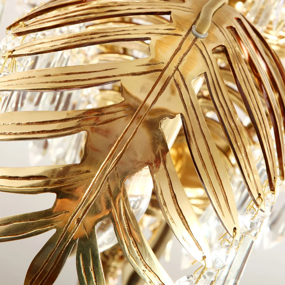 Brass Palm Leaf Crystal Chandelier