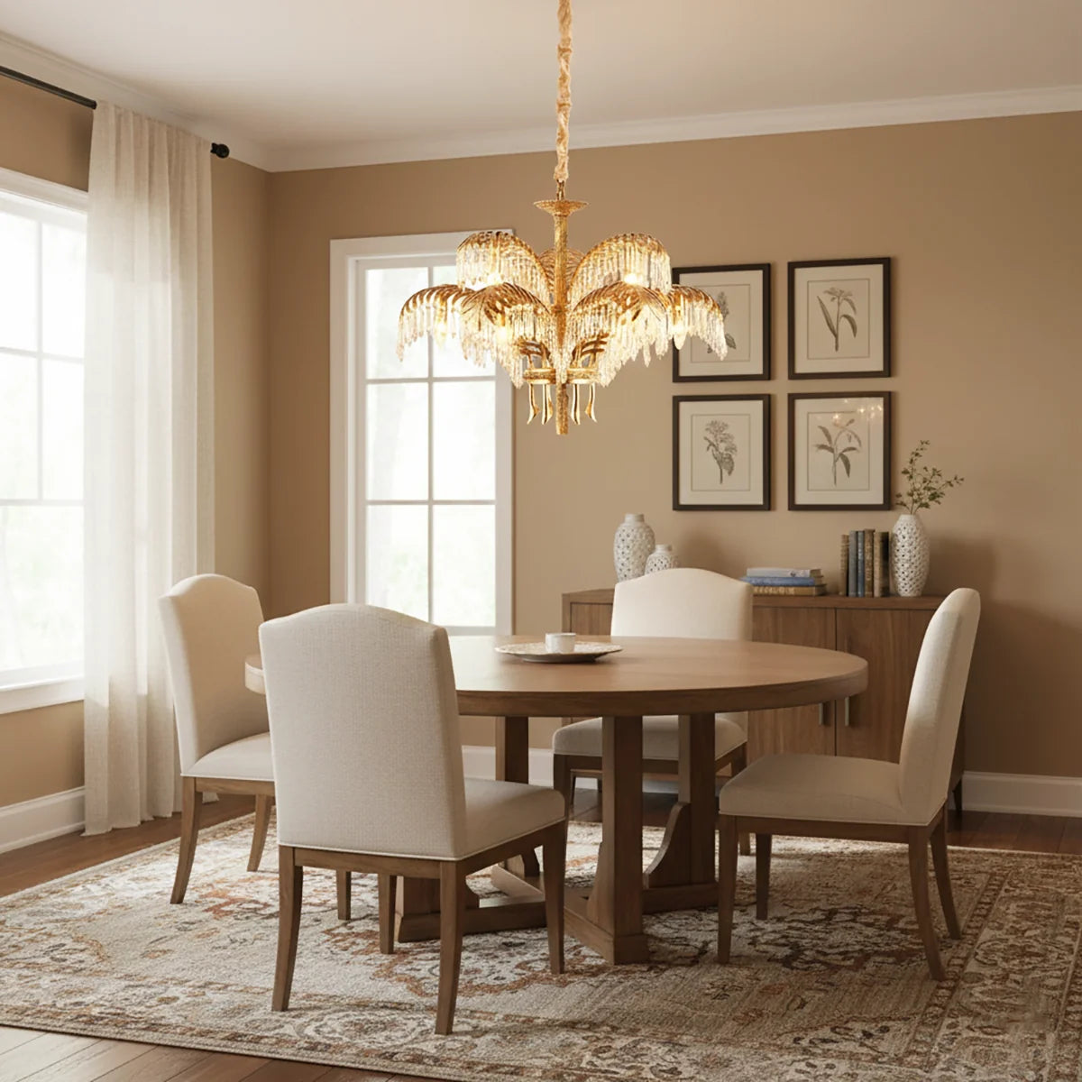 Brass Palm Leaf Crystal Chandelier