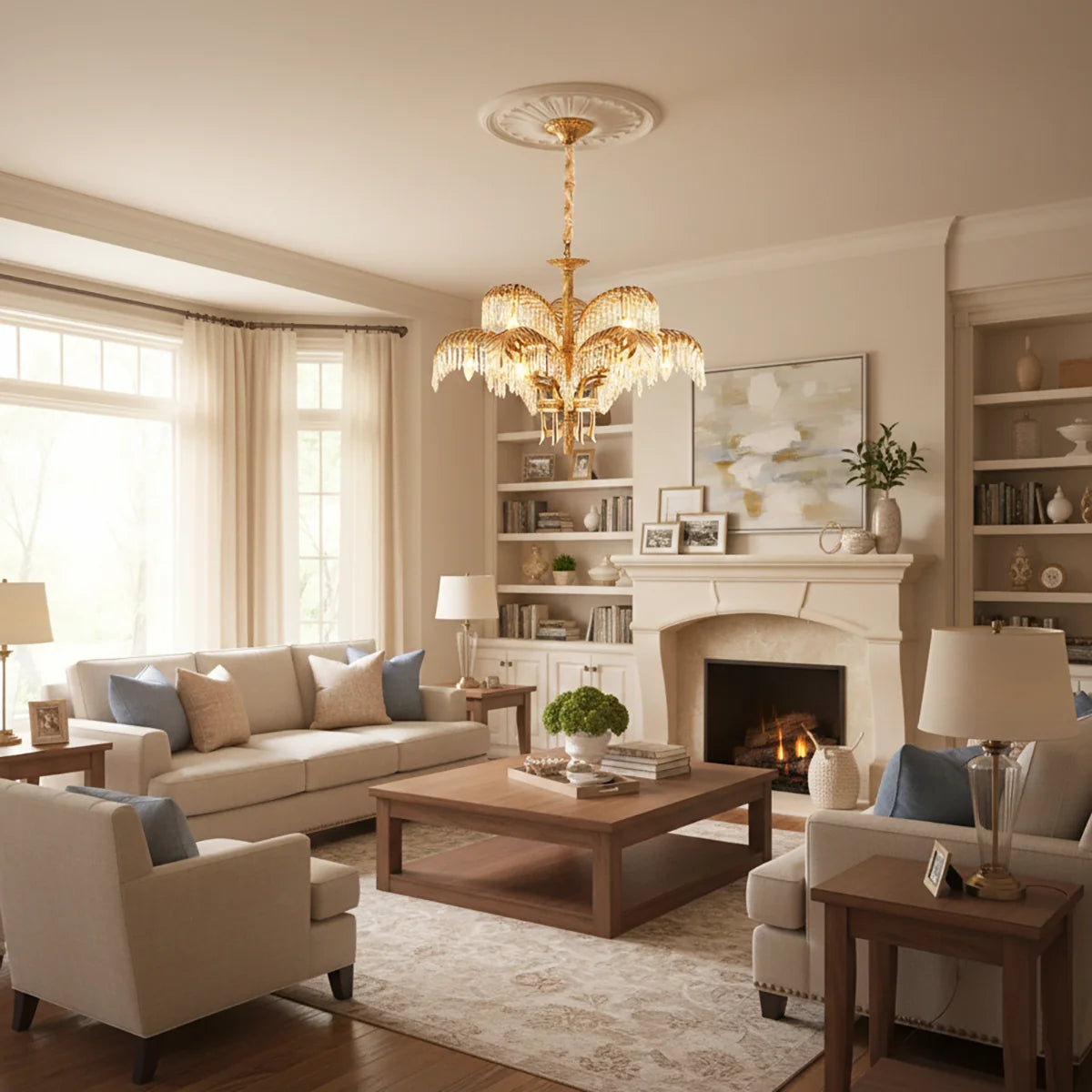 Brass Palm Leaf Crystal Chandelier