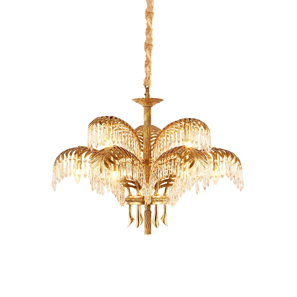 Brass Palm Leaf Crystal Chandelier