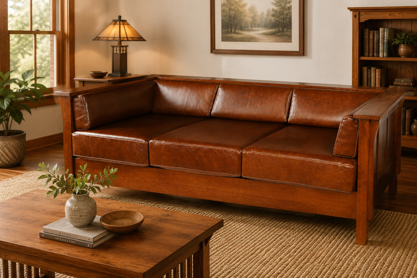Craftsman Cubic Panel Side Sofa - Chestnut Brown Leather