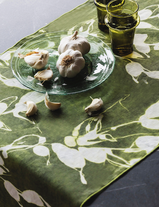 Porto Print Olive Linen Table Runner | 16x90 | Goldie Home