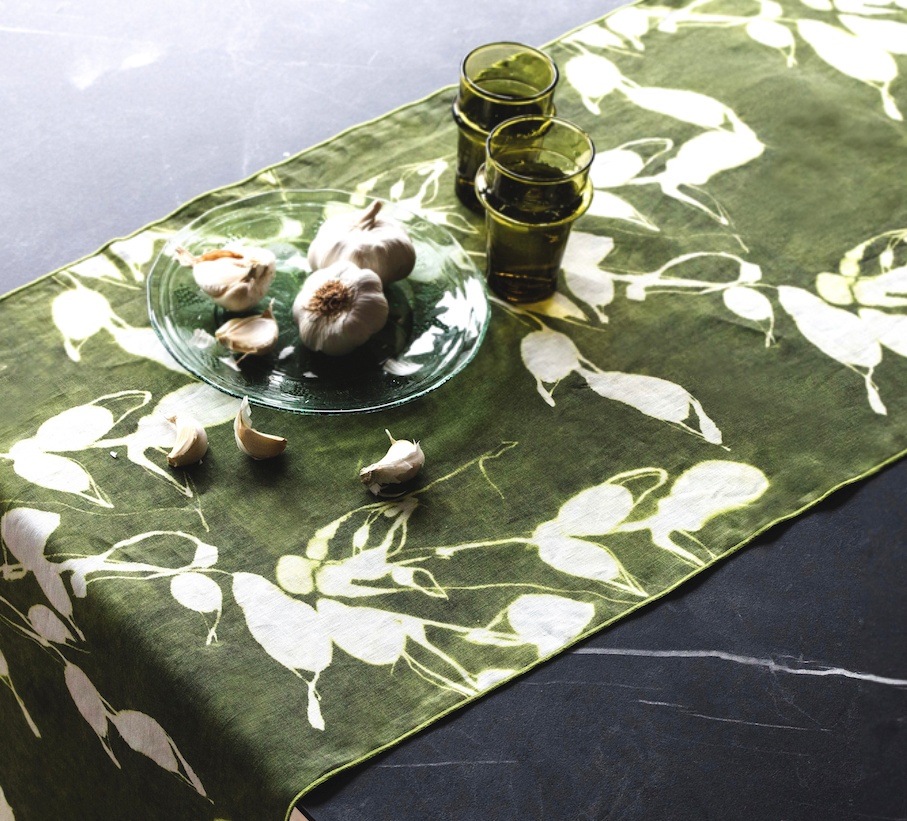 Porto Print Olive Linen Table Runner | 16x90 | Goldie Home